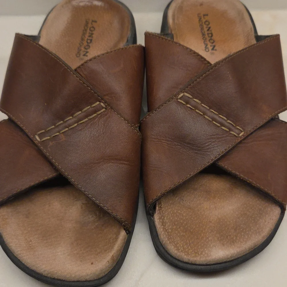 London Underground Holt Brown Leather Slide Sandals Sz 11